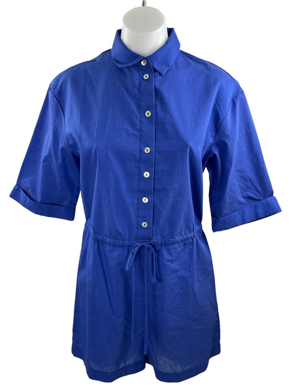 NEW MNG Mango Blue Short Sleeves Button Front Tie Waist Jumpsuit Romper Size S